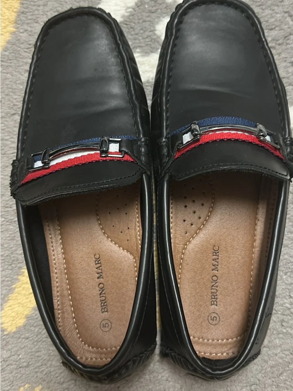 Bruno Marc Kids Black Dress Loafers with Red & Blue Trim